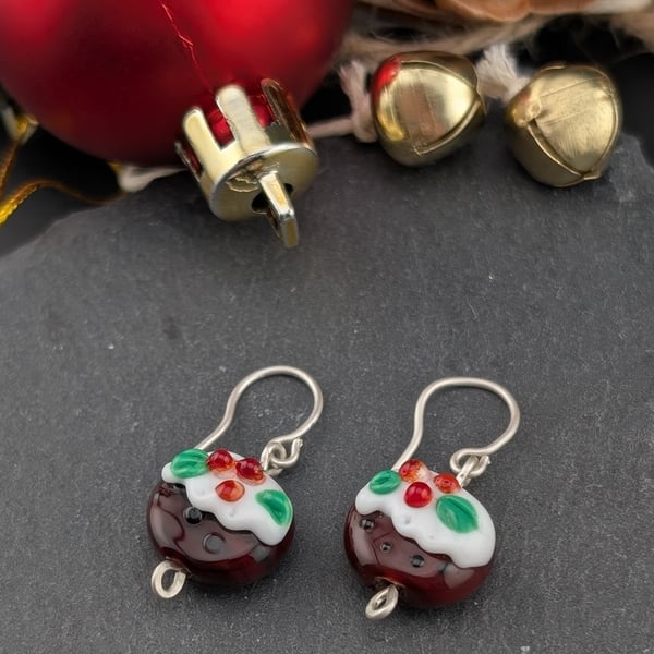 Christmas Pudding Lampwork Earrings