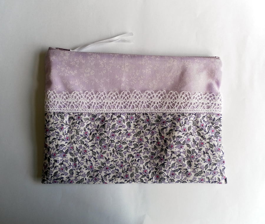 Pretty and elegant, lilac and white lace, handmade make up bag