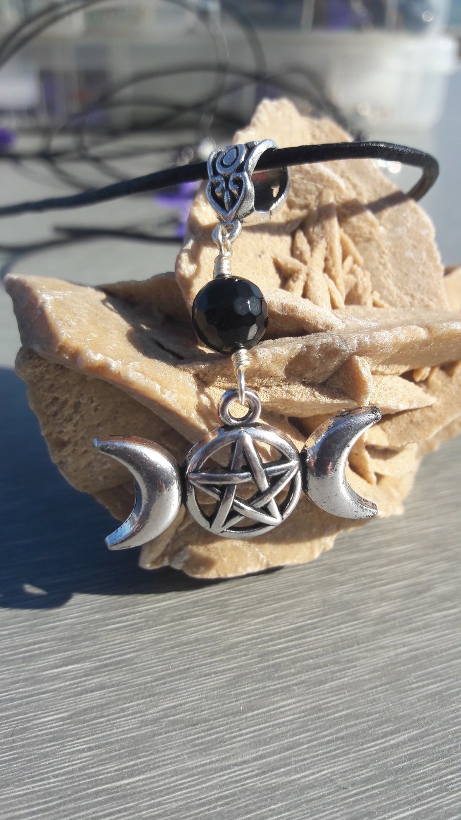 Black Agate, Triple Moon and Pentacle Pendant on Leather Cord Necklace