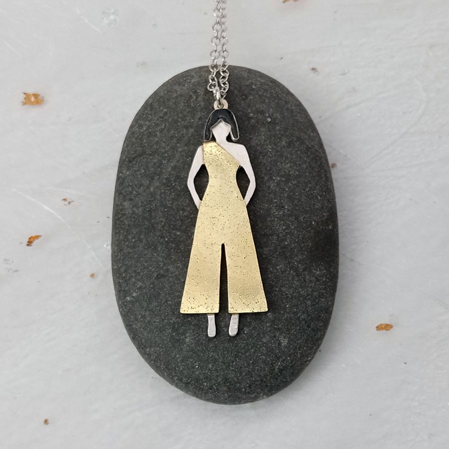 sterling silver & brass 1970s figurative pendant - handcrafted figure necklace