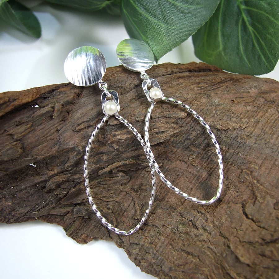 Earrings, Sterling Silver Long Drop Twisted Wire Oval Hoops with Cultured Pearls