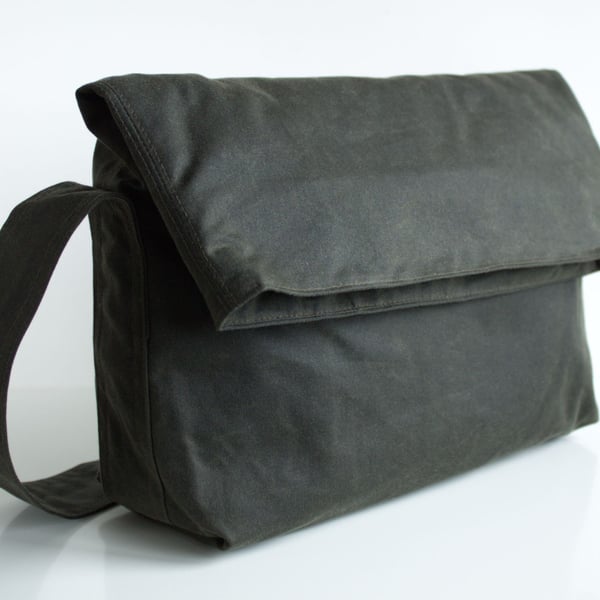 Minimal fold top bag in olive green waxed canvas by Minus
