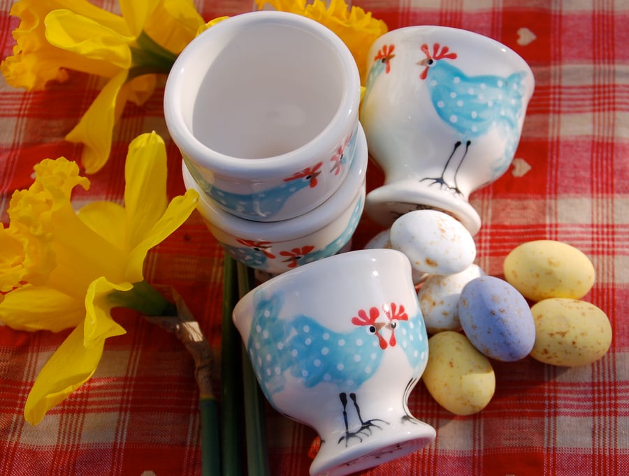 egg cup, blue chicken, hand painted ceramic