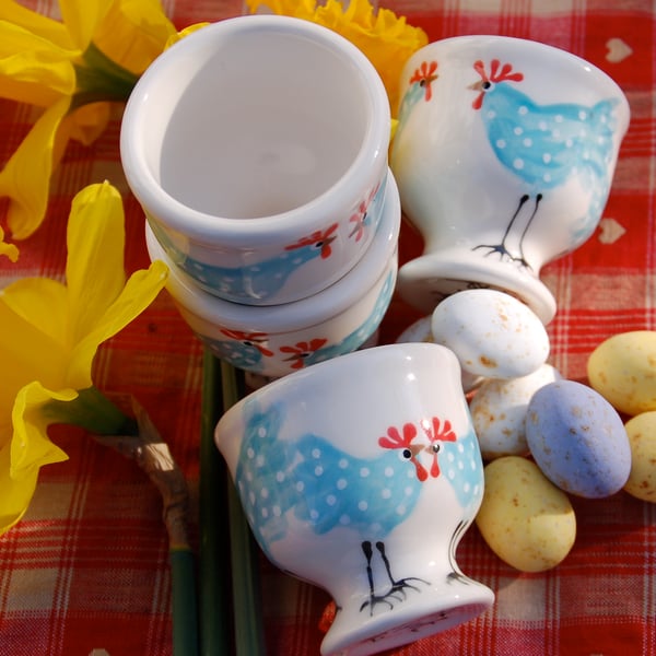 egg cup, blue chicken, hand painted ceramic