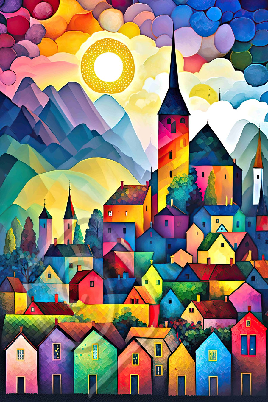 A2 giclee watercolour print of many colourful houses