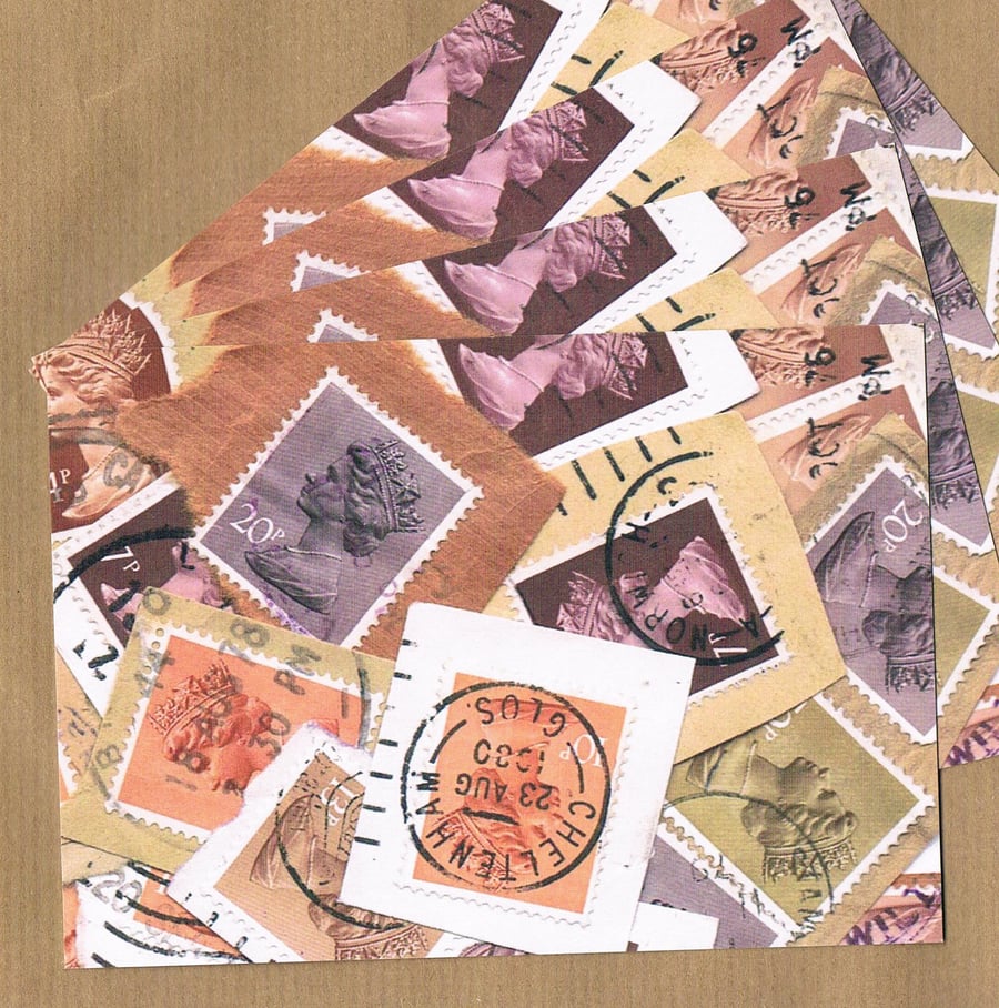 4 FLAT CORRESPONDENCE CARDS - Postage Stamps, Retro Orange & Brown - Postcards