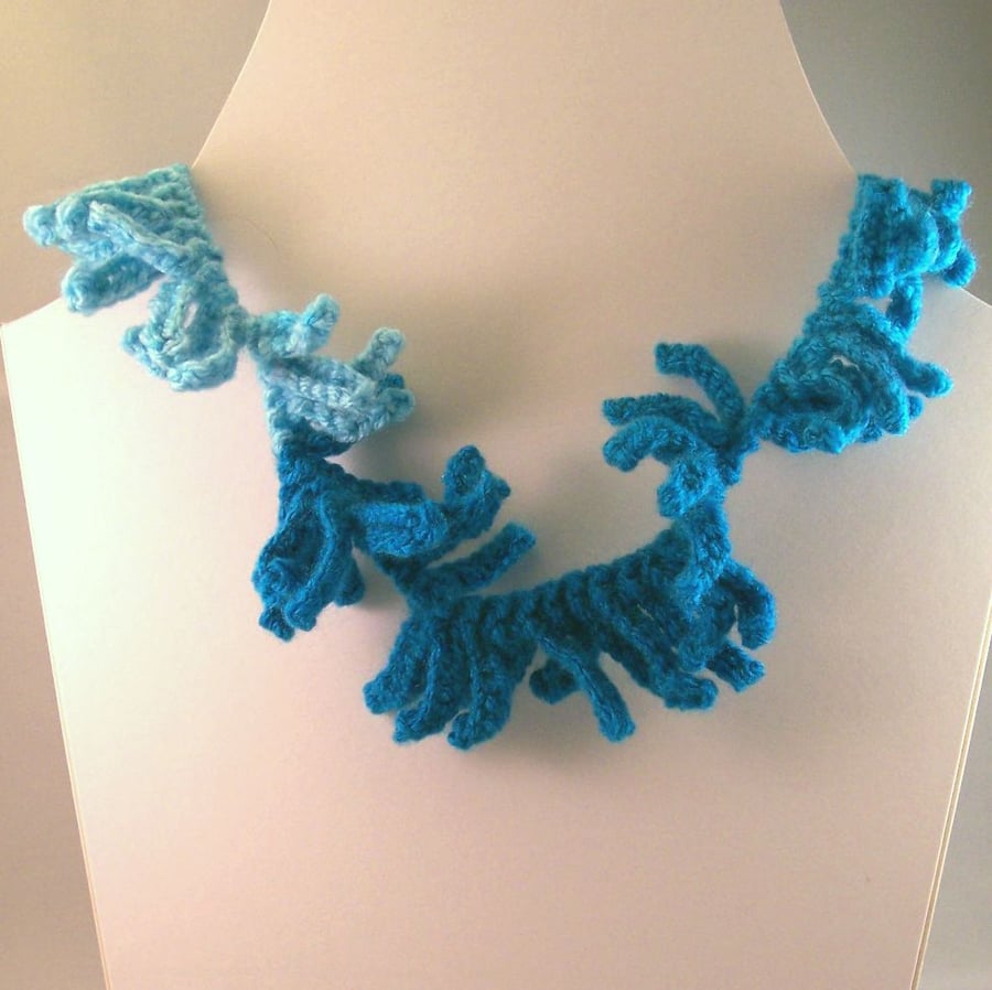 Textural hand knitted necklace in blue - Water