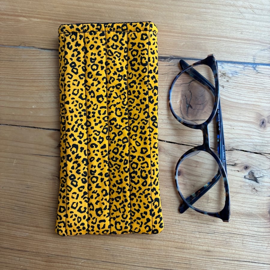 Golden Yellow Leopard Print Quilted Fabric Glasses Case