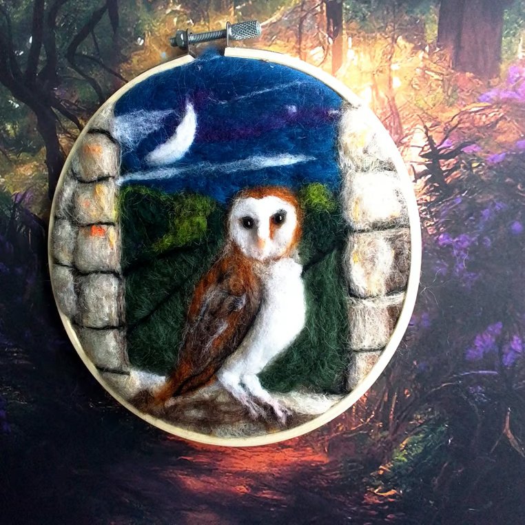 Needle felted owl in moonlit landscape 