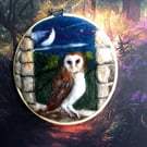Needle felted owl in moonlit landscape 