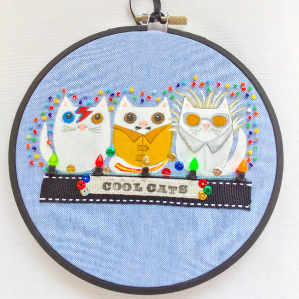 Embroidered Hoop art. Cool Cats.