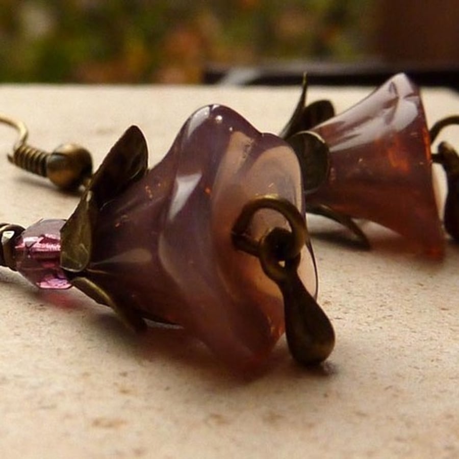 Purple Lucite and brass flower earrings