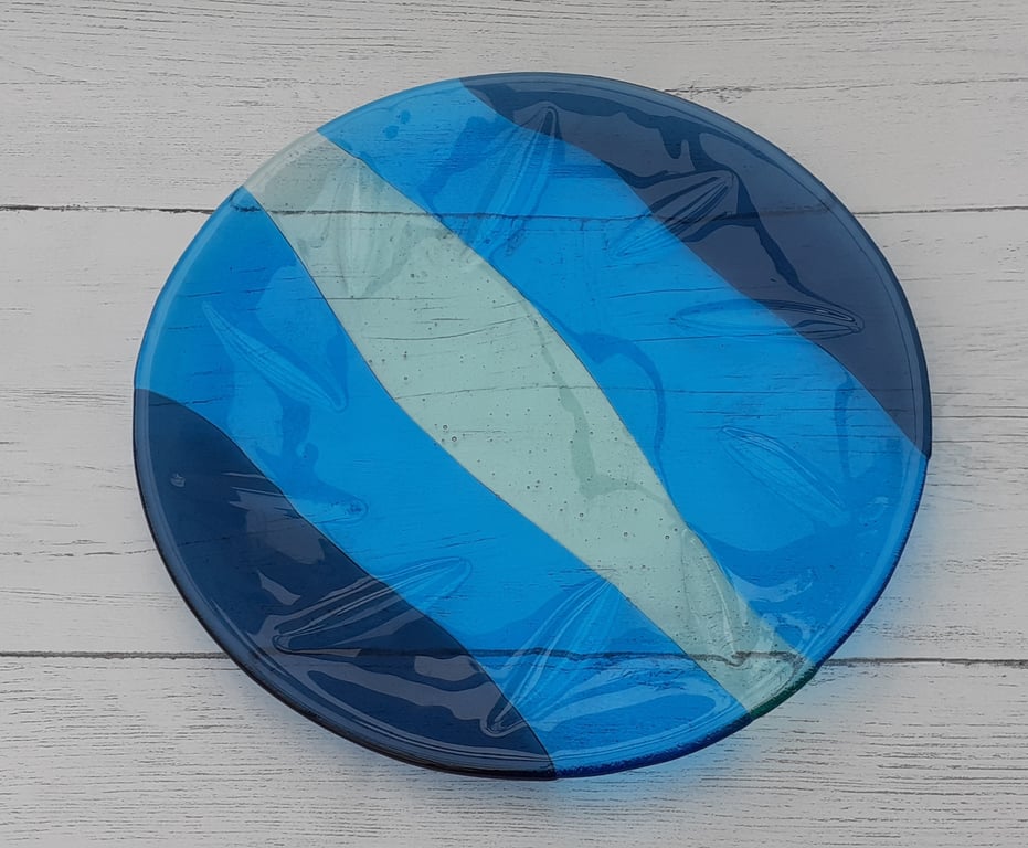 Fused glass dish, textured waves, 26cm