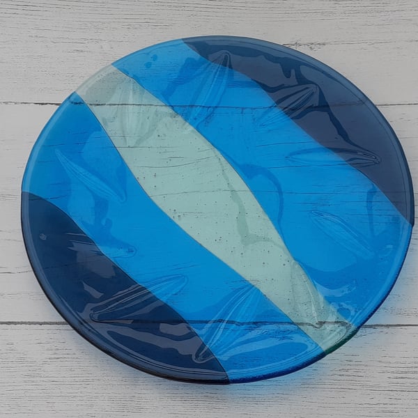 Fused glass dish, textured waves, 26cm