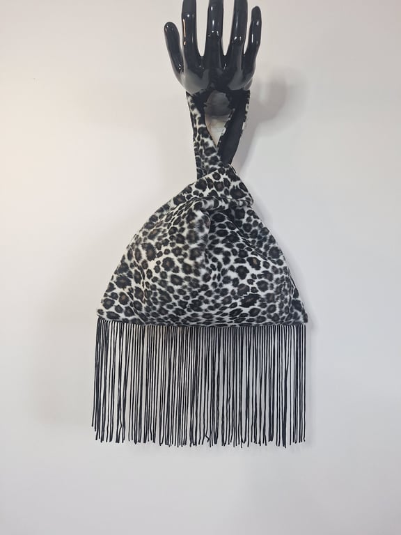 Snow Leopard print faux fur fabric Japanese Knot bag with 13cm black tassel trim
