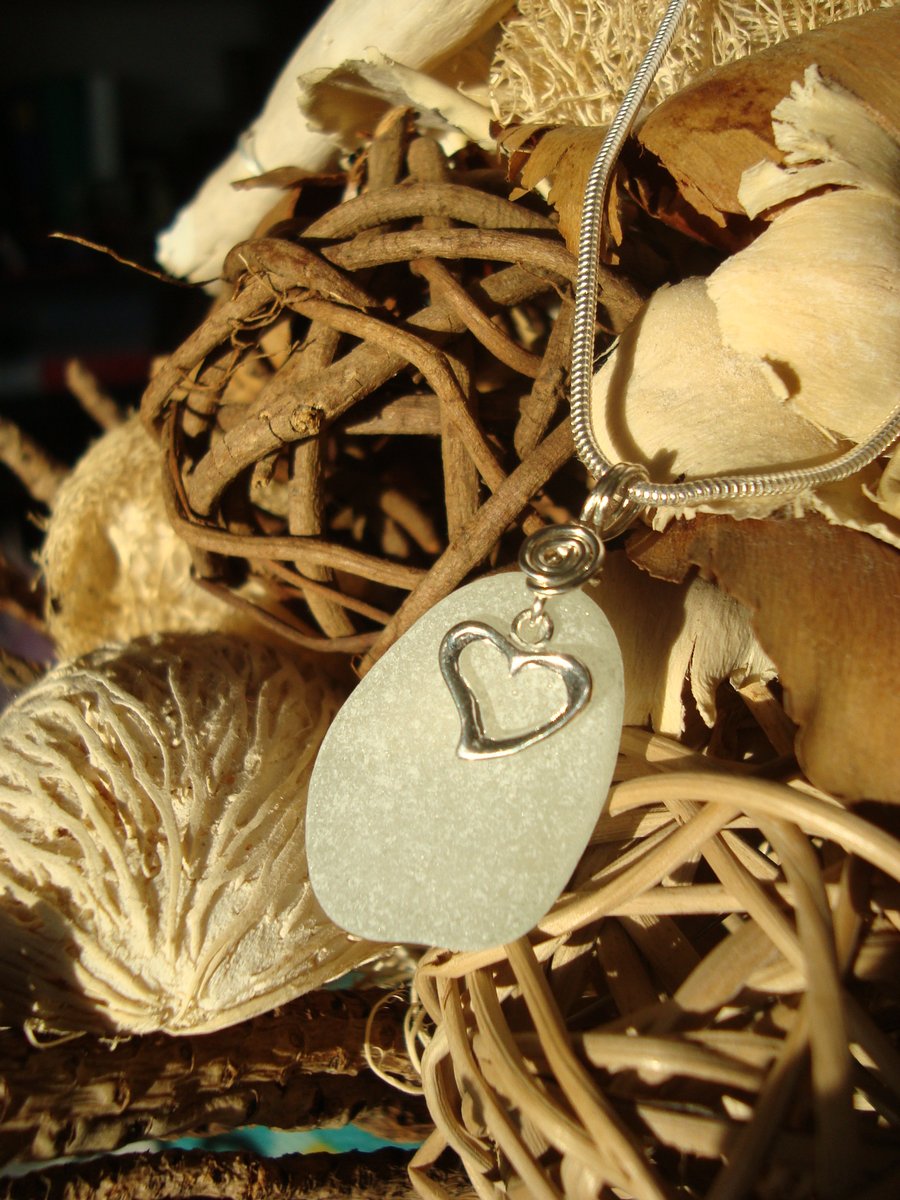 Sea Glass & Sterling Silver Necklace & Heart 
