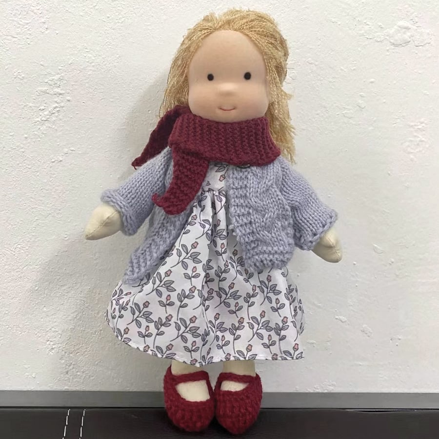 Cindy - Handmade Rag Girl Doll in White Dress and Purple Coat with Wine Scarf