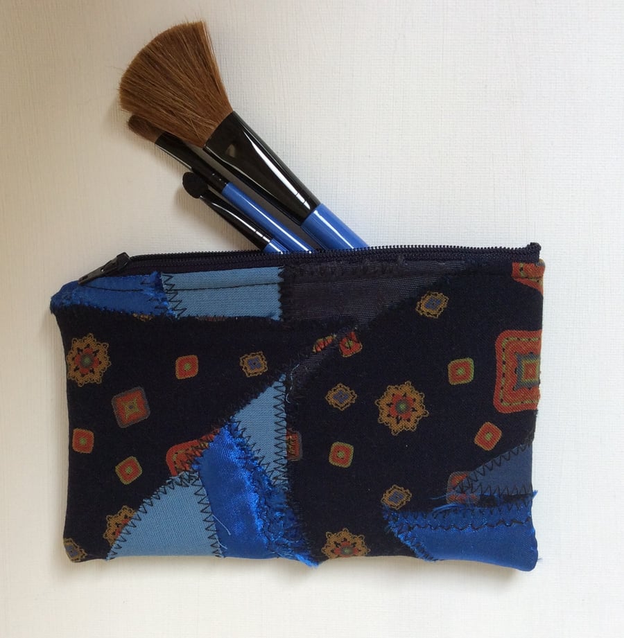 Make up bag, Crazy patchwork, shades of blue, boho chic