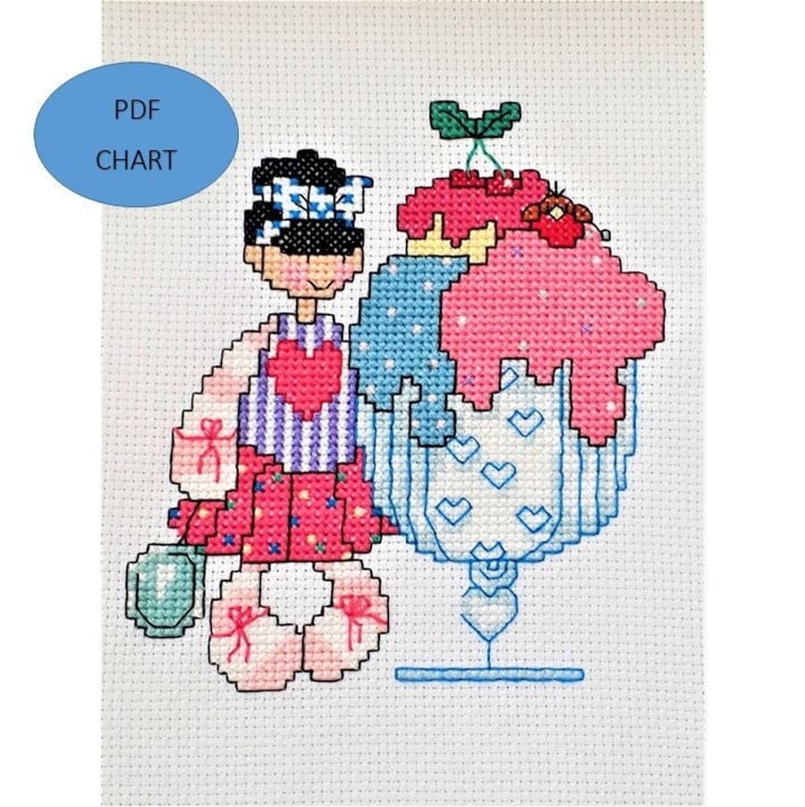 Ice cream sundae girl cross stitch Instant digital Download PDF chart