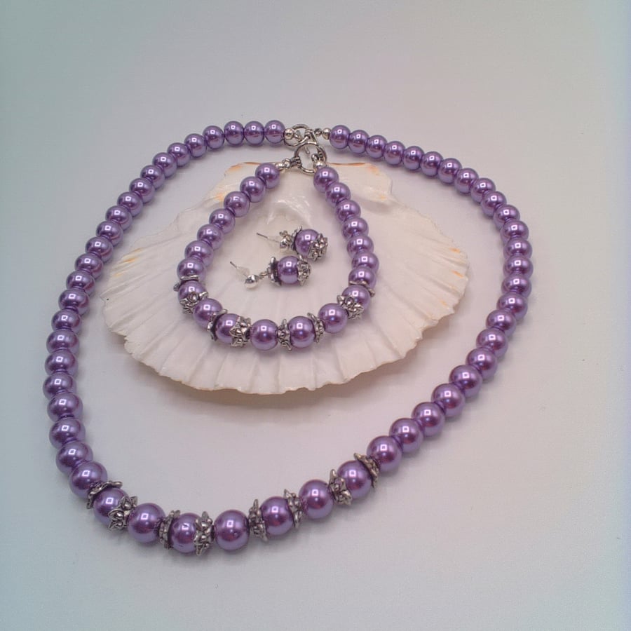 Mauve Pearl and Silver Bead Cap Necklace Bracelet and Earrings, Gift for Her