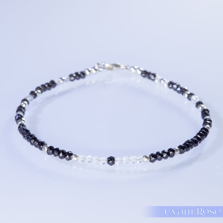 Black Spinel Sterling silver &  Rose Quartz dainty handmade beaded bracelet