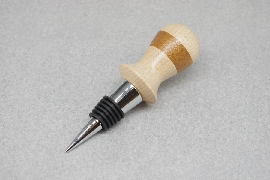 Hand Turned Wooden Bottle Stopper, Scottish Beech With Mahogany Stripe.