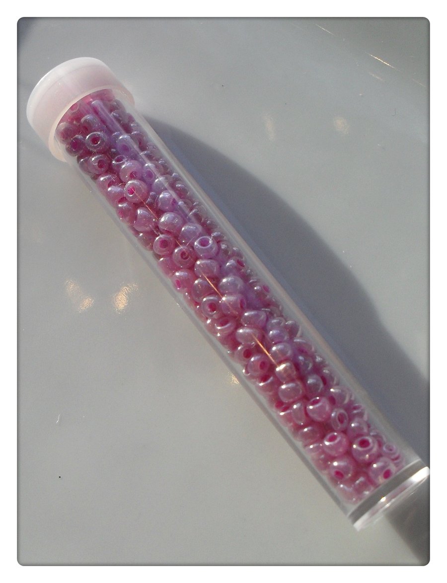 1 x Filled Storage Tube - 7.5cm - 3mm Glass Seed Beads - Pink 