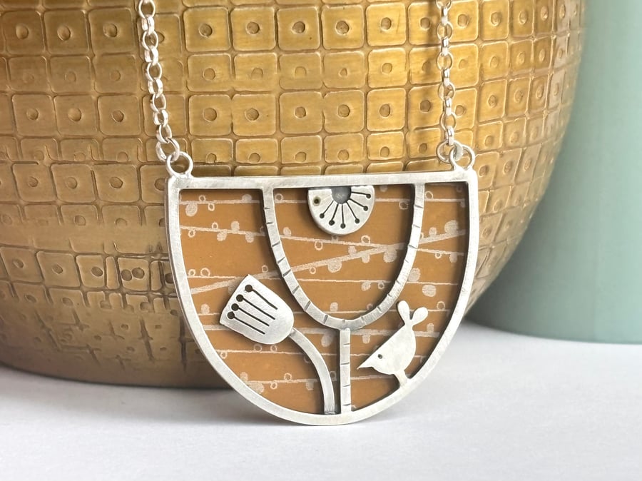 Bird and flower bib necklace - mustard