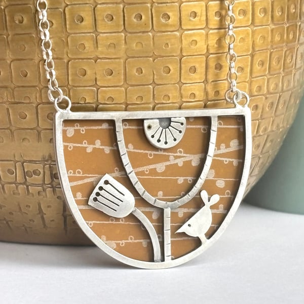 Bird and flower bib necklace - mustard