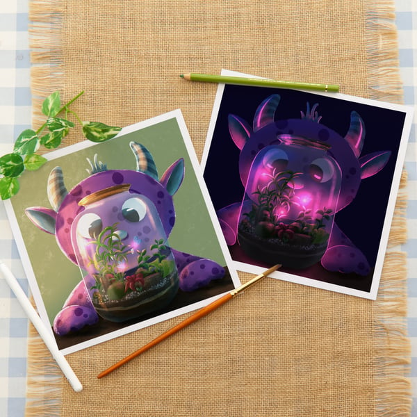 The Monster and Their Terrarium Fine Art Giclee Artwork for Children