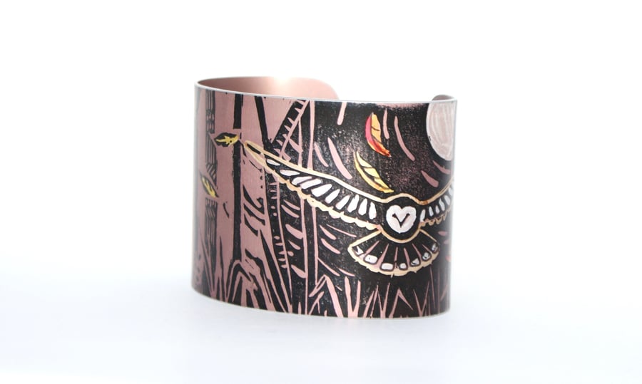 Treetops owl cuff - print from an original linocut