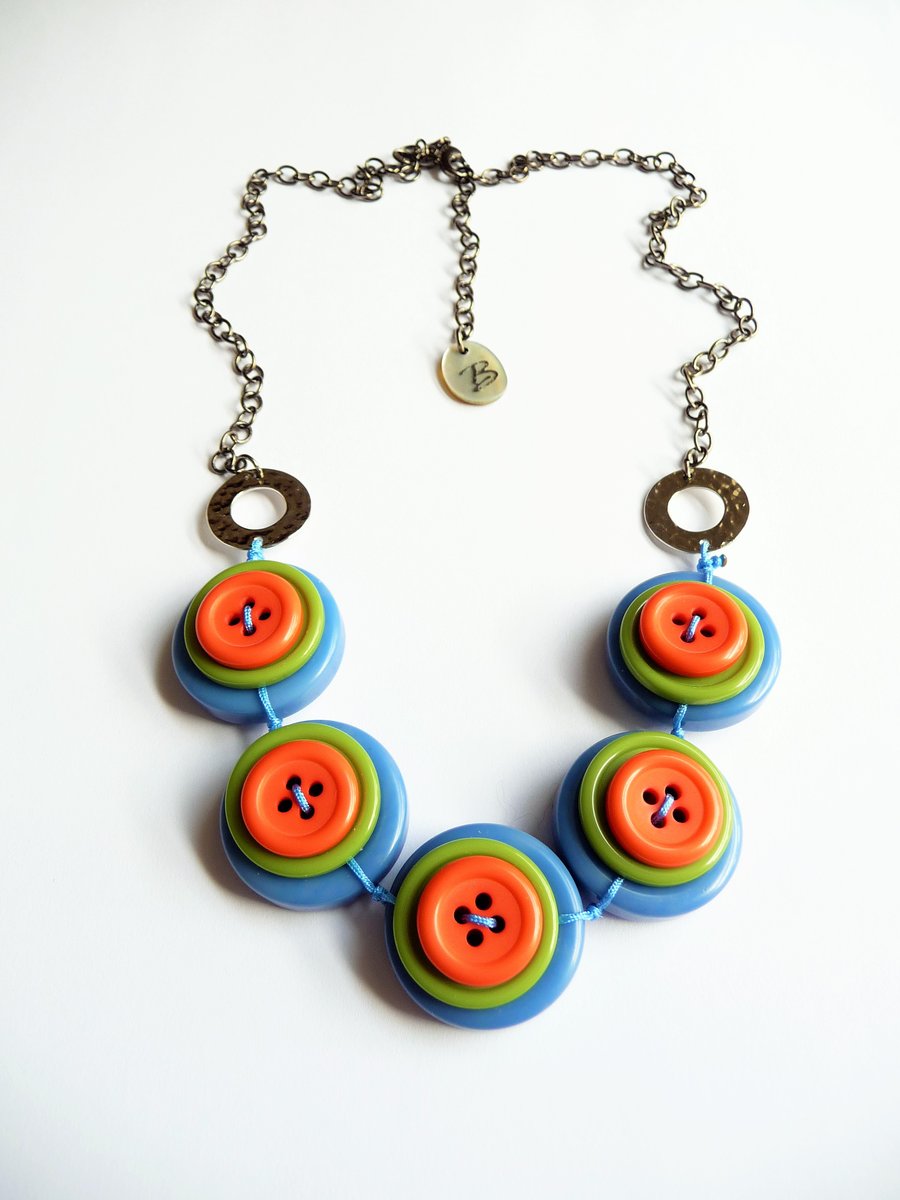 FY-004  Smoky Blue - olive Green and Orange -  Buttons Handmade Necklace  