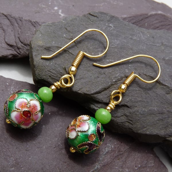 Green Cloisonne Flower Beaded Earrings, Boho Festival Earrings 