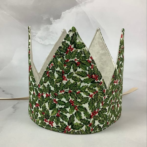 Handmade Christmas crown, Holly Xmas fabric party hat, Reusable