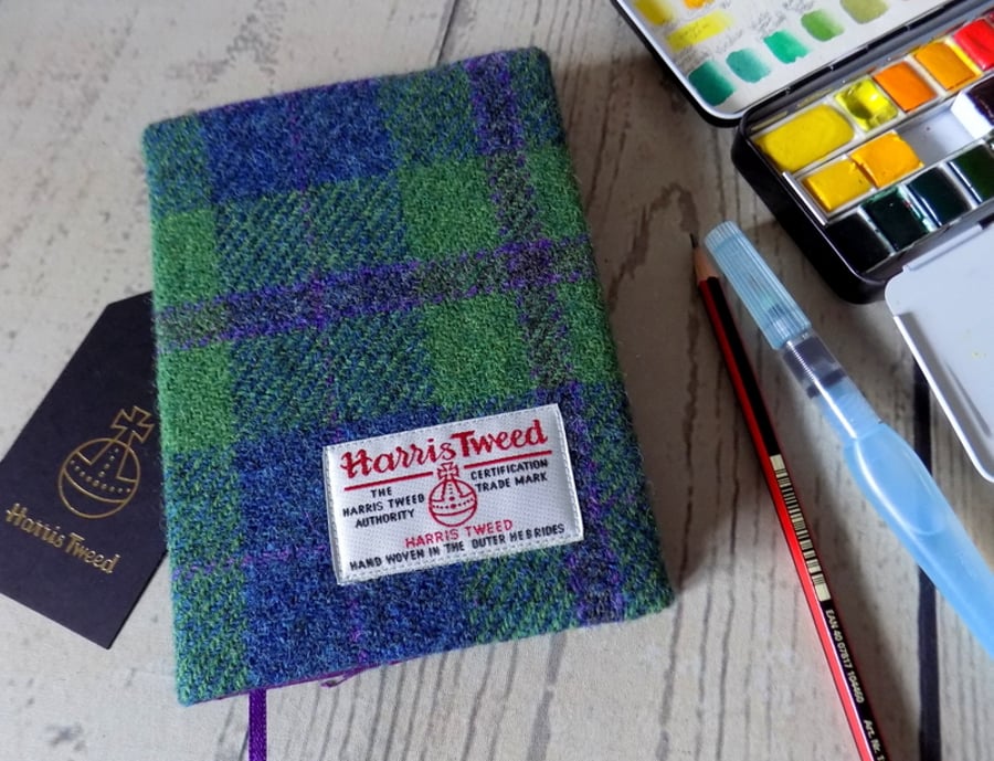 Harris Tweed covered A6 sketchbook in pea green, blue and violet purple check