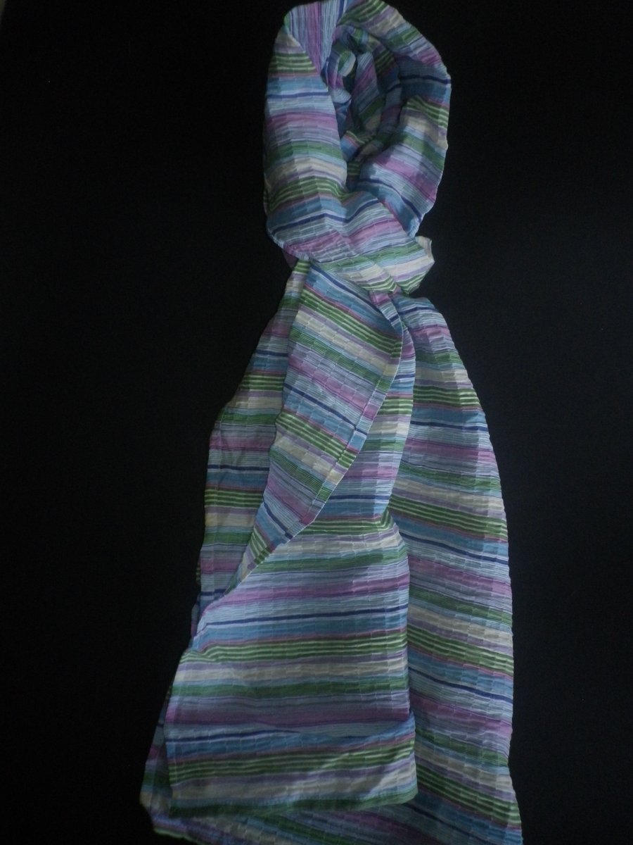 Lightweight multicoloured crinkle weave, micro hemmed summer scarf. 