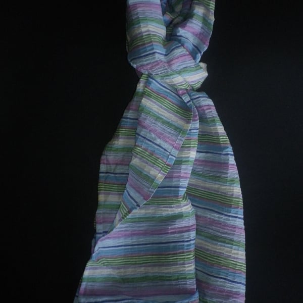 Lightweight multicoloured crinkle weave, micro hemmed summer scarf. 