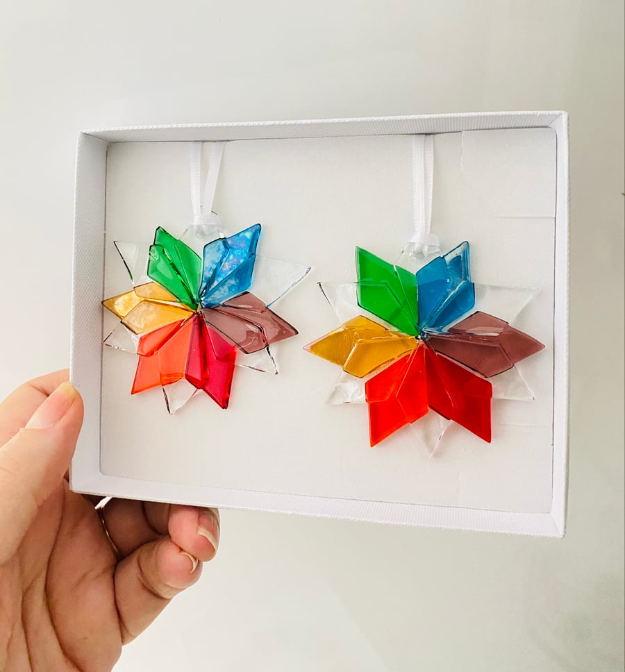  rainbow fused glass Christmas snowflakes -gift set