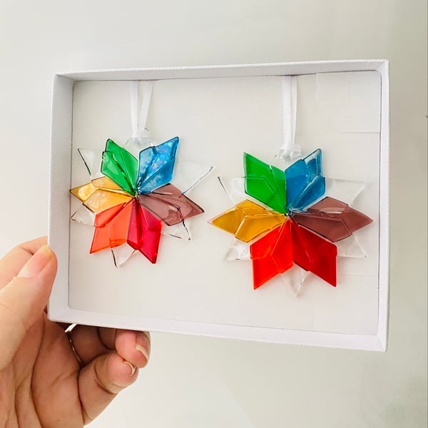  rainbow fused glass Christmas snowflakes -gift set