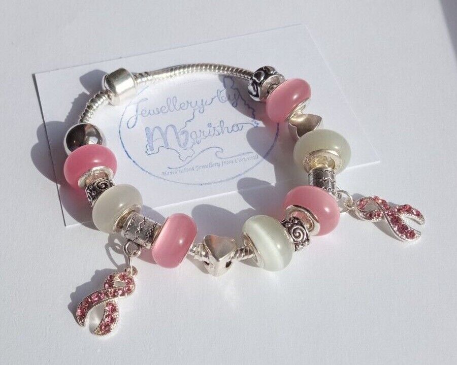 Breast Cancer Awareness Charm Bracelet Pink Ribbon Jewellery Gift 8" 20cms