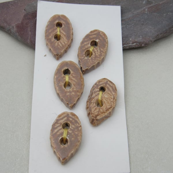 5 Small Leaf Shaped Sand Brown Ceramic Buttons