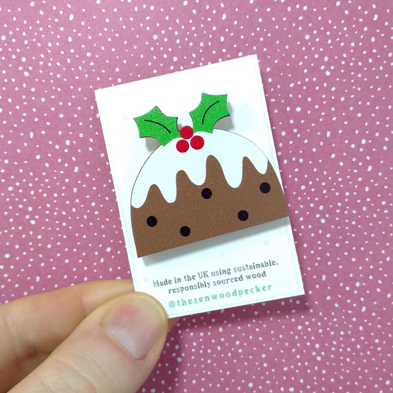 Christmas Pudding Pin Badge, Xmas Brooch, Festive Wooden Badge