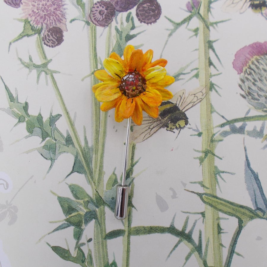 Delicate Yellow SUNFLOWER PIN Daisy Wedding Lapel Pin Flower Brooch HAND PAINTED
