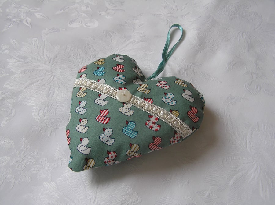 Hanging heart, green fabric, duck design, bathroom decor, nursery decor,