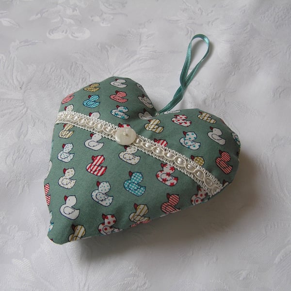 Hanging heart, green fabric, duck design, bathroom decor, nursery decor,