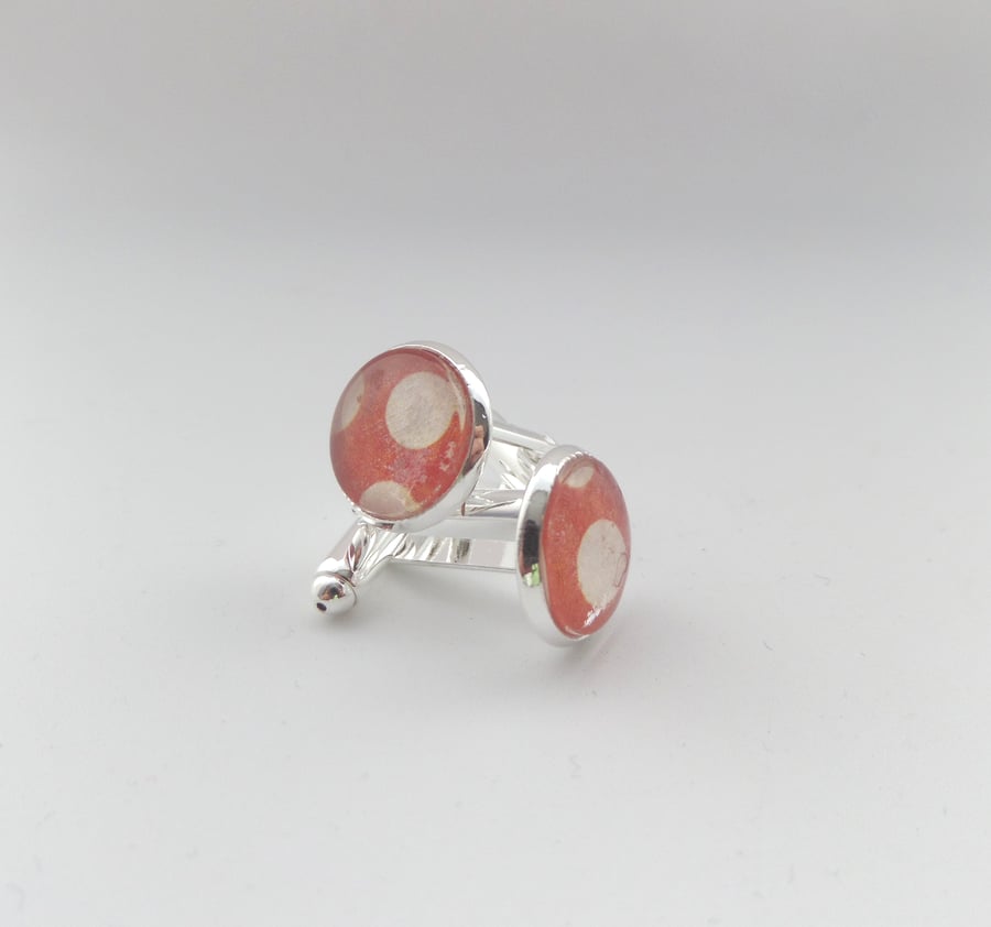 Silver Cufflinks Red, choice of design. Unique handmade round swivel bar