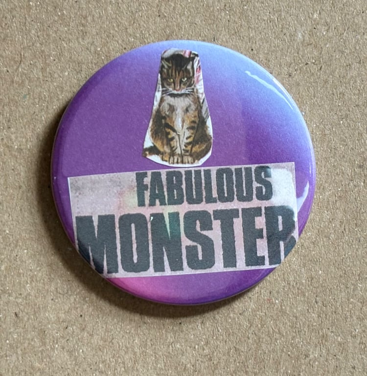 Collage pin badge - vintage book images & text - fabulous monster
