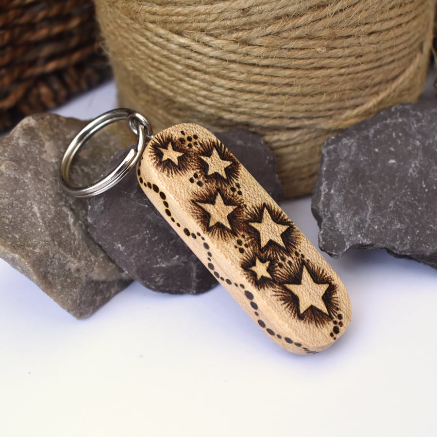 Celestial stars pyrography keyring on sycamore. Ideal wood gift, ready to post.