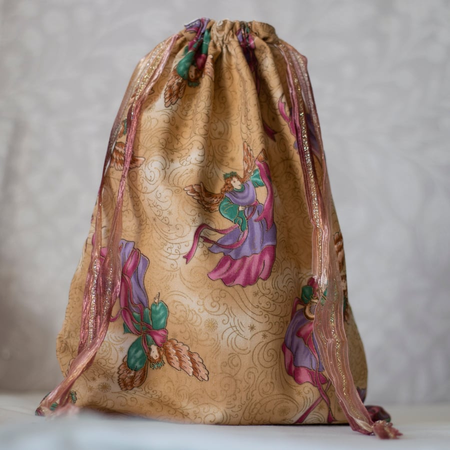 Reusable  Lined Cotton Fabric Angel Drawstring Gift Bag