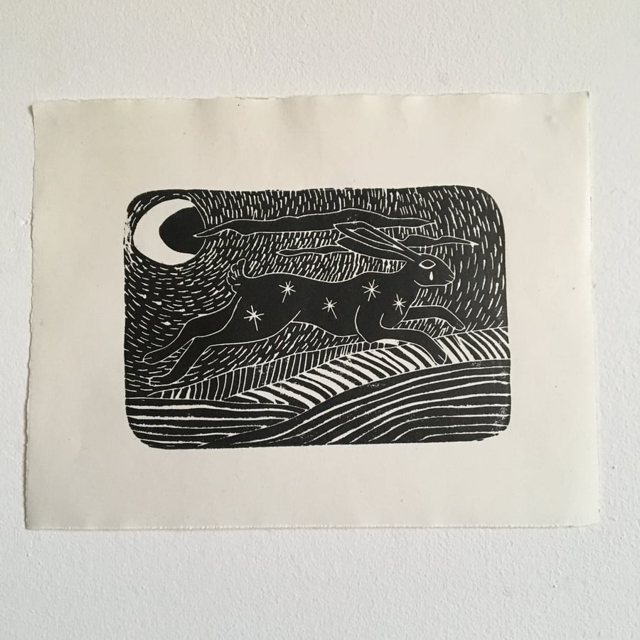 Witch Hare, linocut print on handmade paper 